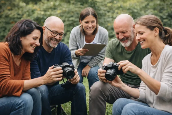 Terapeutické fotografovanie vs artfototerapia – Skupinová terapia, 5 ľudí s fotoaparátmi