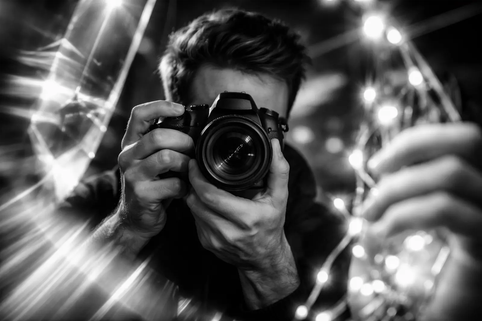 fotografia-hra-muz-foto-odraz Projekt kreatívne fotografovanie, fotografia ako hra – muž s fotoaparátom, odraz v zrkadle