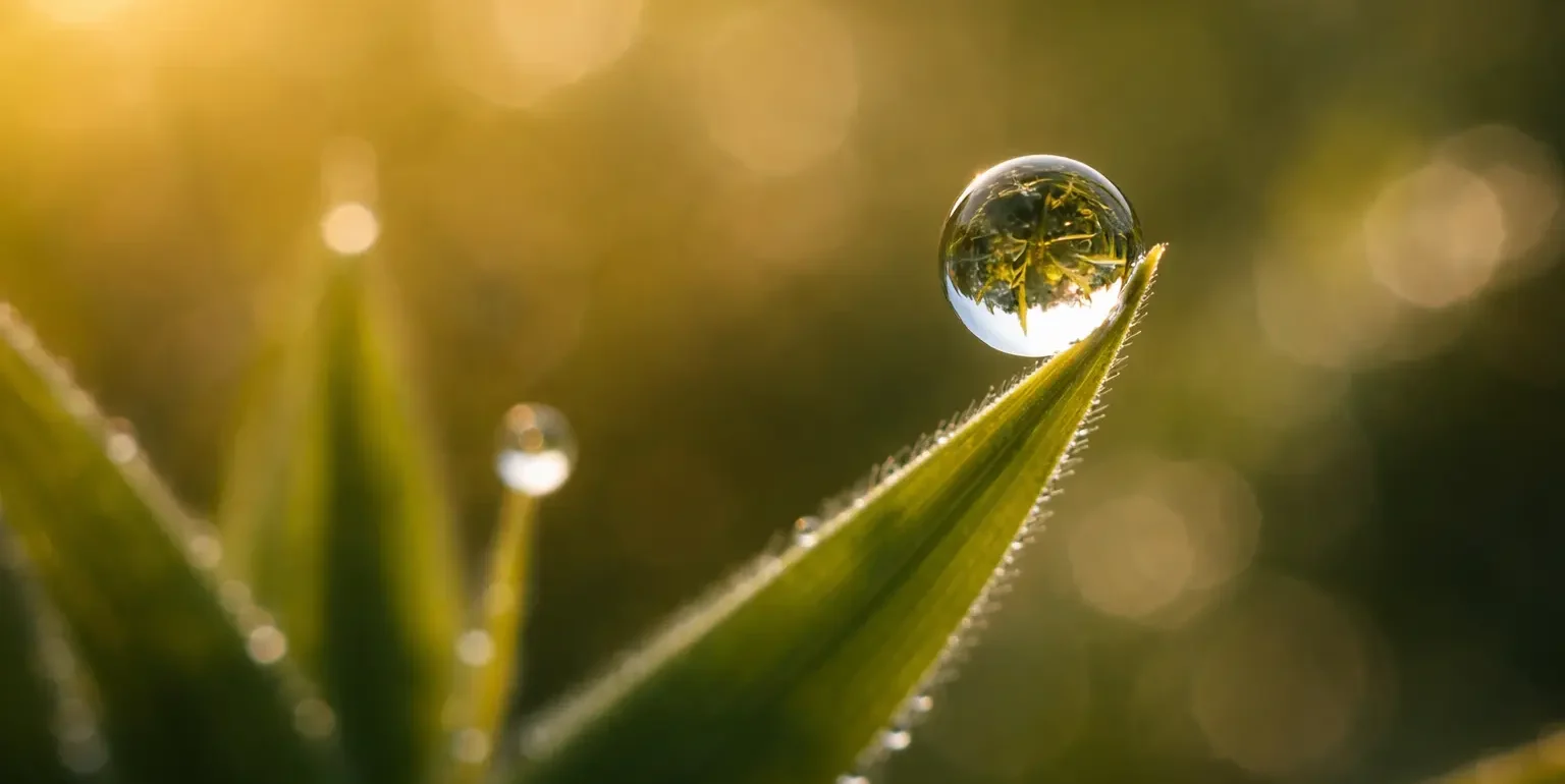 projekt To čo si nevšímam, mindful fotografovanie, banner, kvapka rosy na zelenom liste