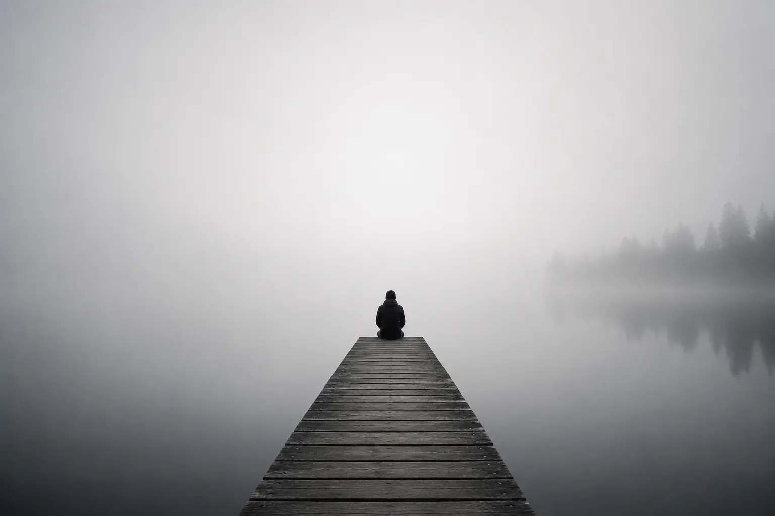 Osamelá postava sediaca na drevenom móle v hmle –minimalistická fotografia.