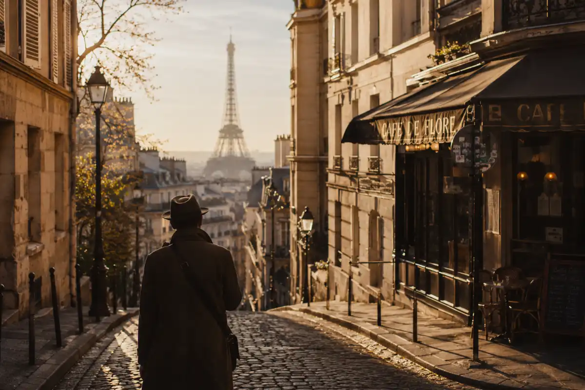 Muž na prechádzke uličkami Paríža