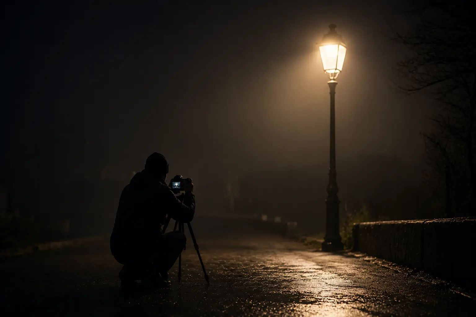 Nočné fotografovanie, ma ulici pod lampou