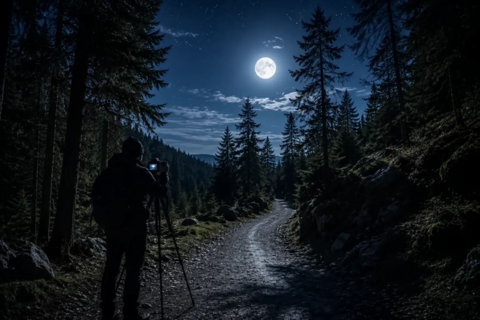 Nočné fotografovanie v lese pri svitu luny
