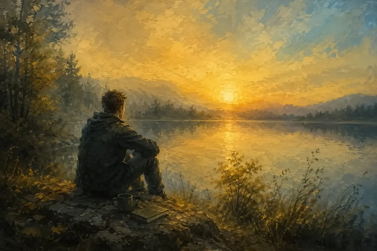 Muž sedí na brehu rieky a sleduje slnko