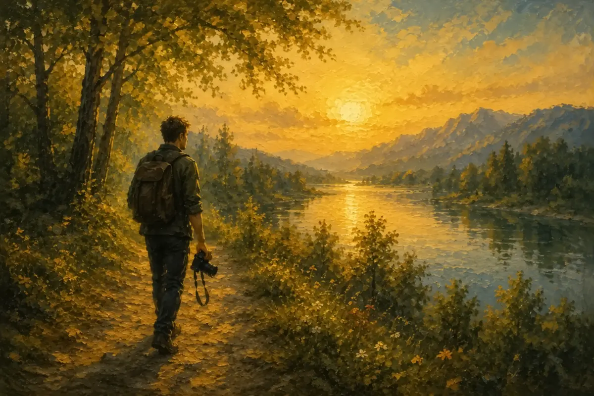 Muž s fotoaparatom na brehu rieky pri západe slnka
